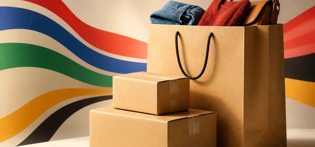 Shopping bags and parcels representing purchases collected from South Africa