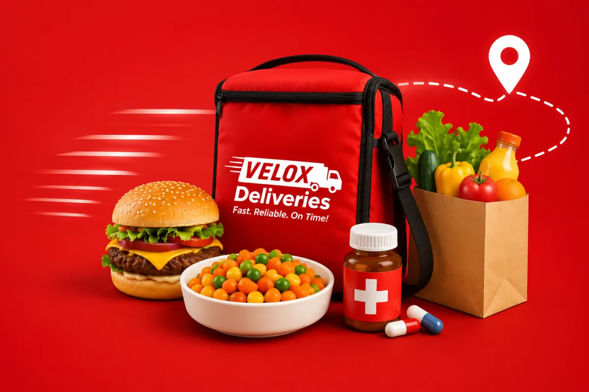 Velox delivery bag with restaurant food, groceries and pharmacy items